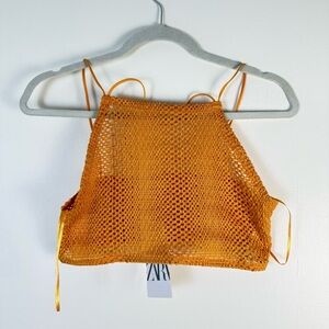 Zara Womens Tangerine Halter Tank Top Medium Gauzy Eyelet Knitwear Summer NEW